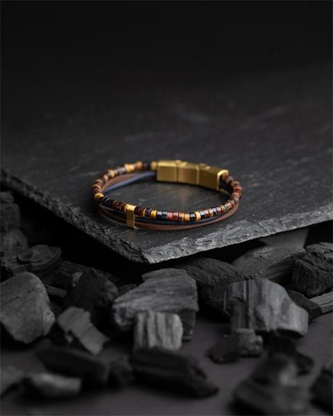 Dreifaches Armband mit italienischem Leder und 2 mm Tigerauge-Stein in 3 Farben - Triplux 3Colours